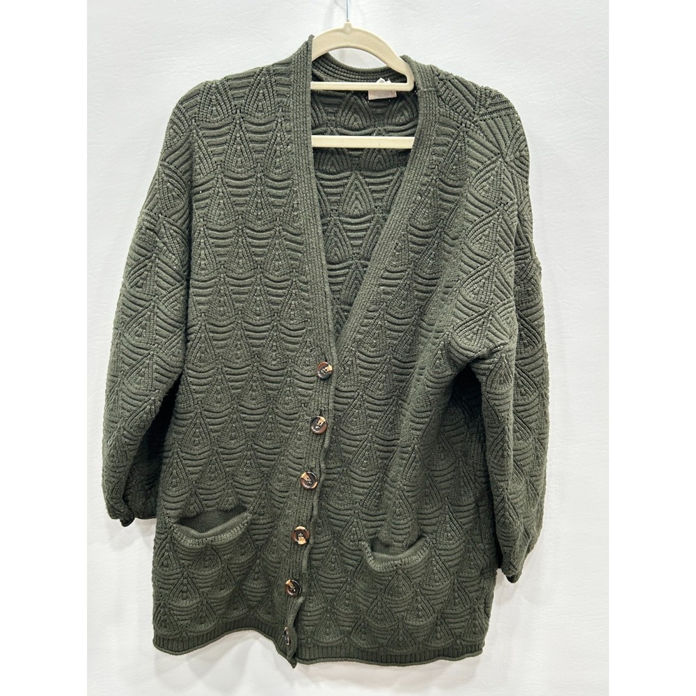 DRA Cardigan Womens‎ XL? Green Textured Knit Button Front Pockets Cozy Layer